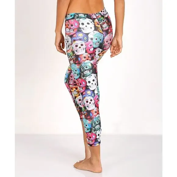 Terez Dia De Los Muertos Performance Cropped Skull Leggings Small - Picture 2 of 10